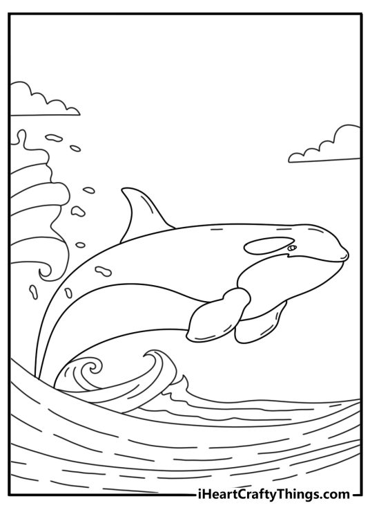 Detailed orca coloring page for adults with wave patterns around a killer whale