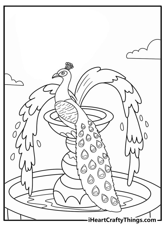 Detailed peacock coloring page with bird resting on stone fountain in palace yard