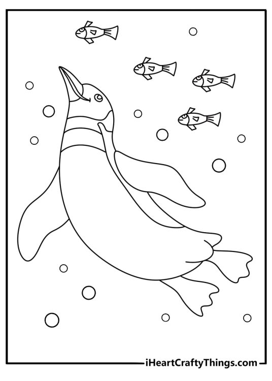 Detailed penguin coloring page with a penguin swimming under fish and bubbles