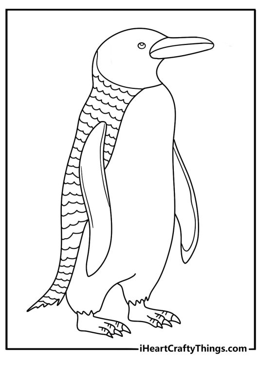 Detailed penguin coloring sheet for adults with feather patterns inside a penguin shape