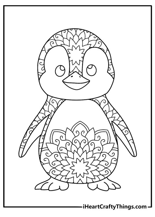 Detailed penguin printable for adults with a mandala pattern around a penguin