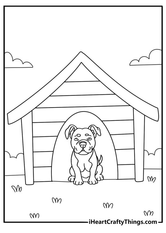 Detailed pitbull coloring page with a pitbull beside a patterned doghouse