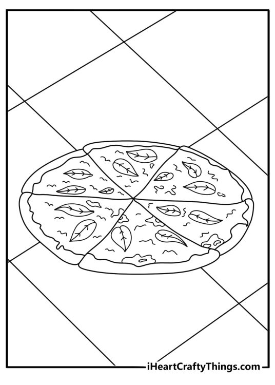 Detailed pizza coloring page with basil leaves and melted cheese