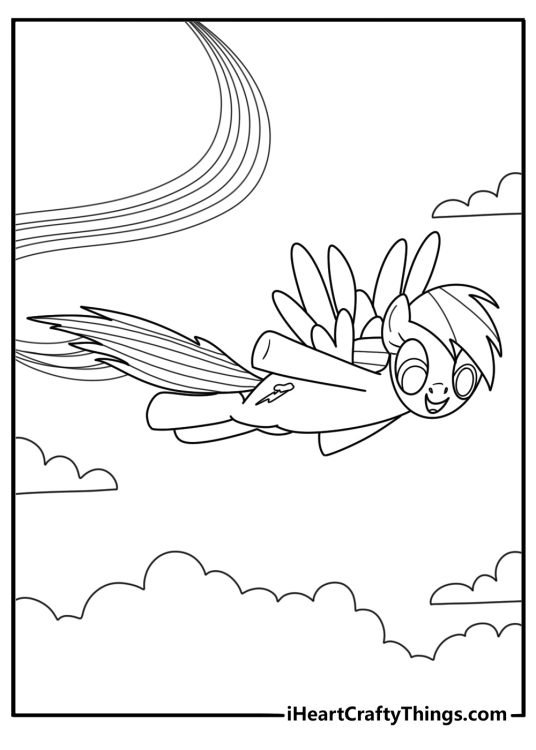 Detailed printable coloring page of Rainbow Dash creating a rainbow trail