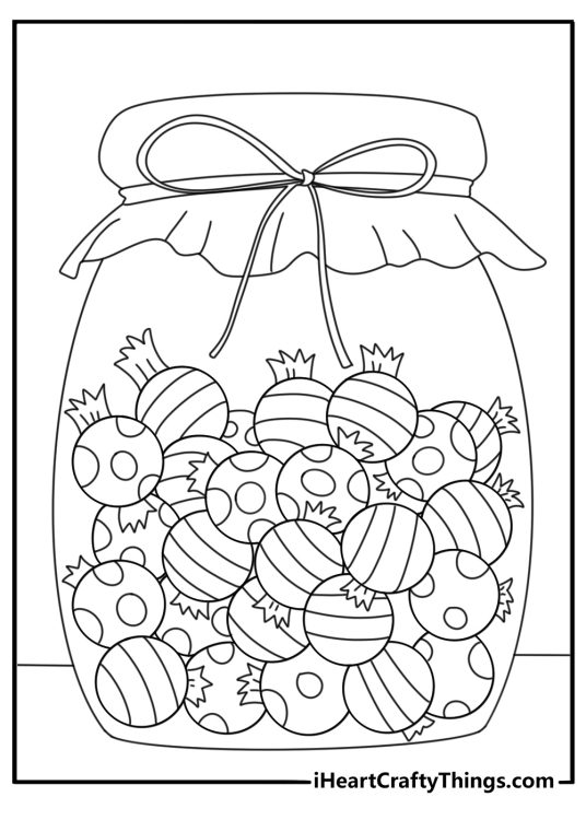 Detailed printable dessert coloring sheet of candy jar filled with wrapped sweets