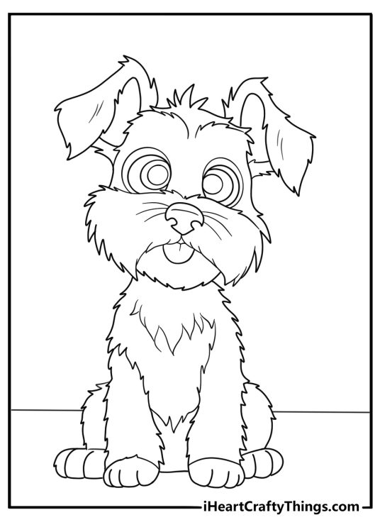Detailed printable drawing for children of a furry puppy with a little beard and mustache