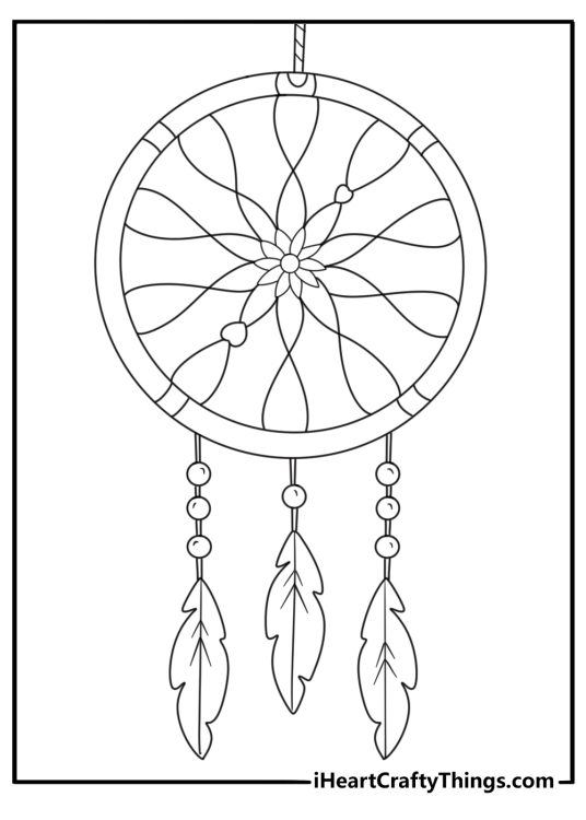 Detailed printable featuring large dream catcher with three black and white feathers hanging down from it