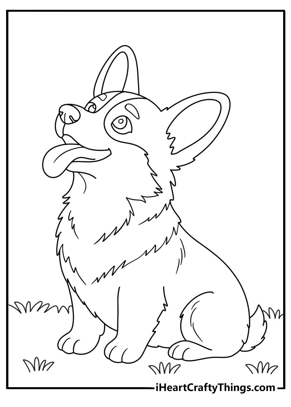 Detailed printable of a joyful Corgi sitting on the grass and looking up with a tongue sticking out