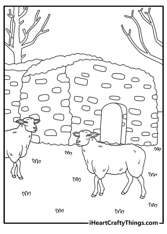 Detailed printable of a woolly sheep in front of a stone cottage