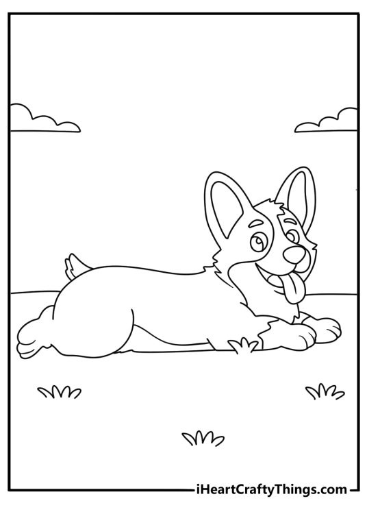 Detailed printable pdf of a Corgi sitting down on a grass with a smile and tongue sticking out
