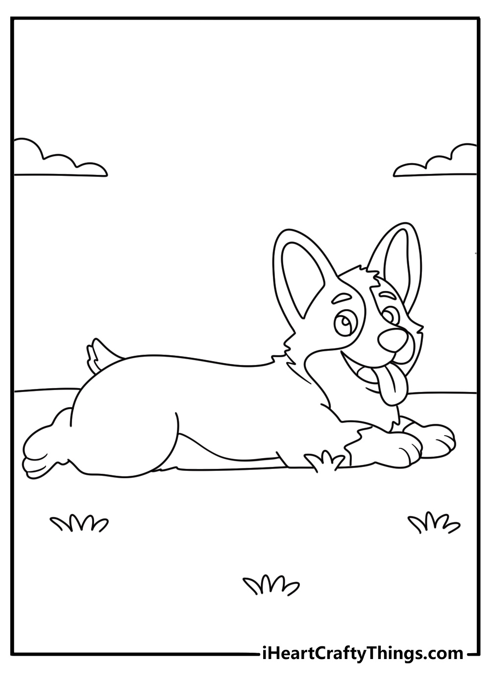 Detailed printable pdf of a Corgi sitting down on a grass with a smile and tongue sticking out