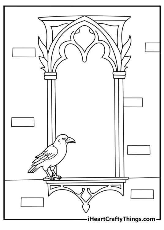 Detailed raven coloring page with a raven and gothic window frame