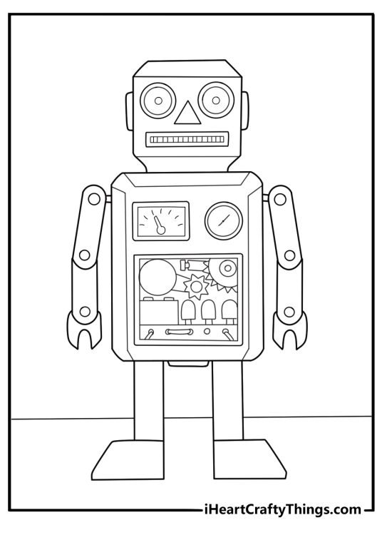 Detailed robot coloring sheet for adults with exposed gear chest