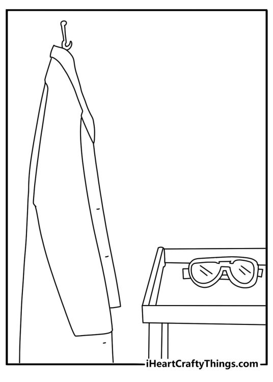 Detailed science coloring page with a lab coat hanging beside goggles