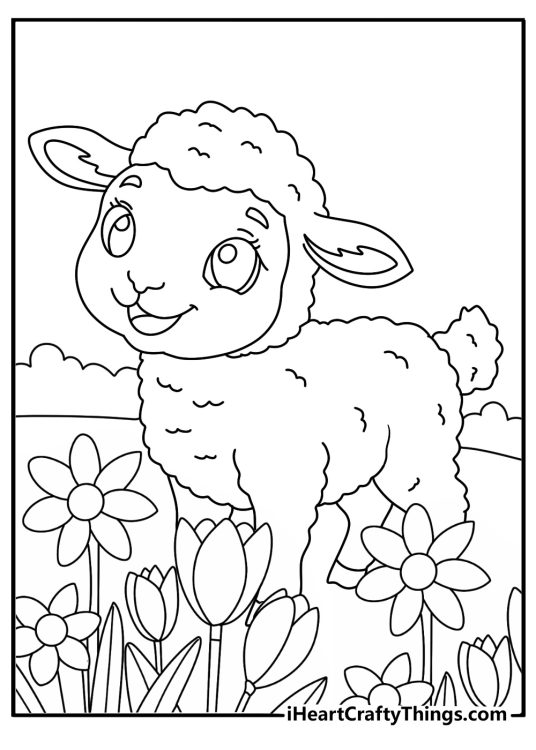 Detailed sheep coloring page with a lamb among spring flowers in a meadow