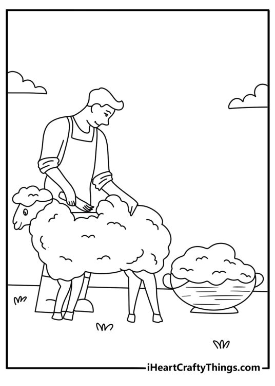 Detailed sheep coloring page with a shepherd shearing wool in a field