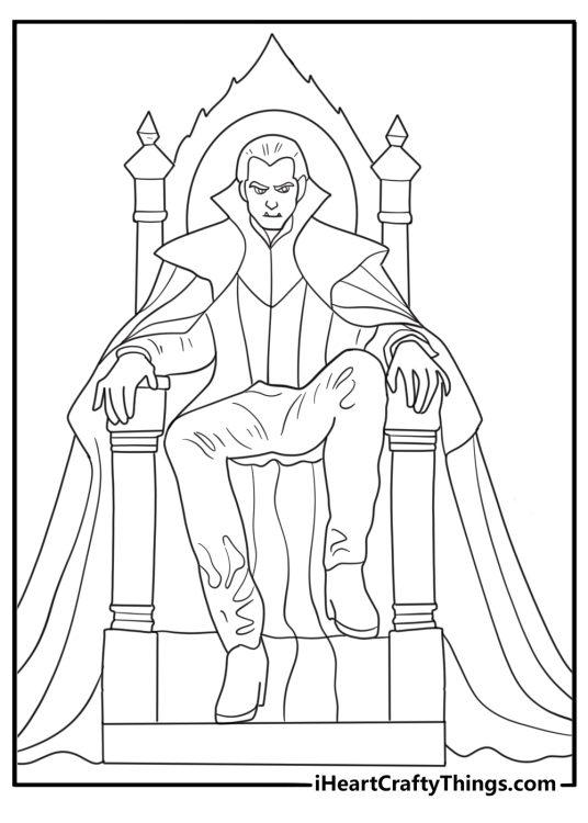 Detailed vampire king on a gothic throne coloring page for adults