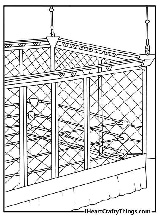 Detailed wrestling coloring sheet with a steel cage around the ring