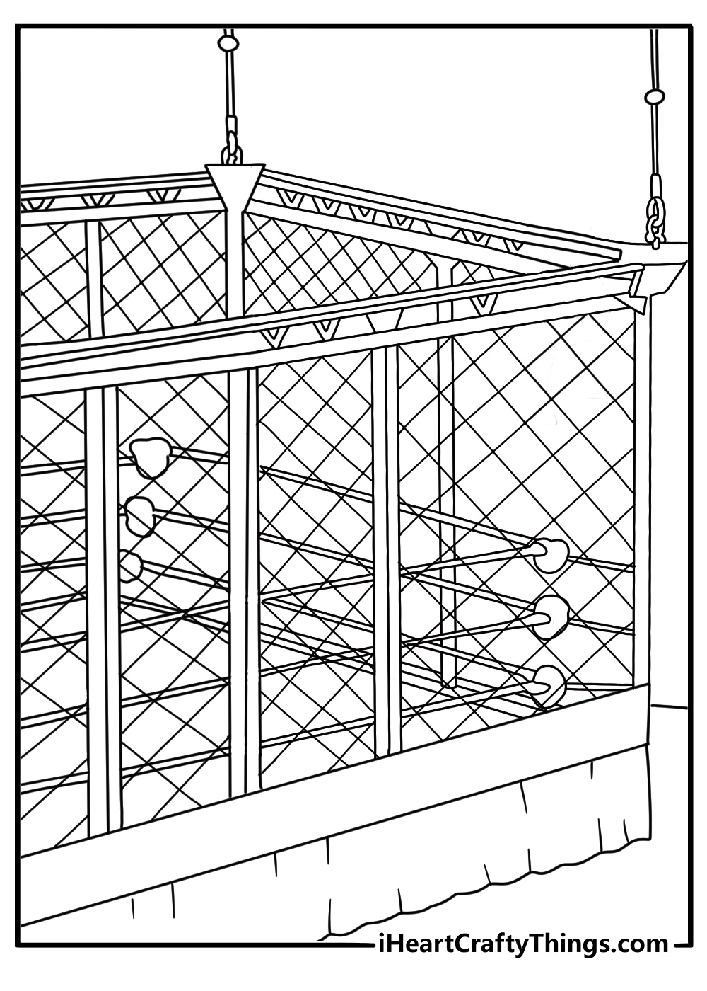 Detailed wrestling coloring sheet with a steel cage around the ring