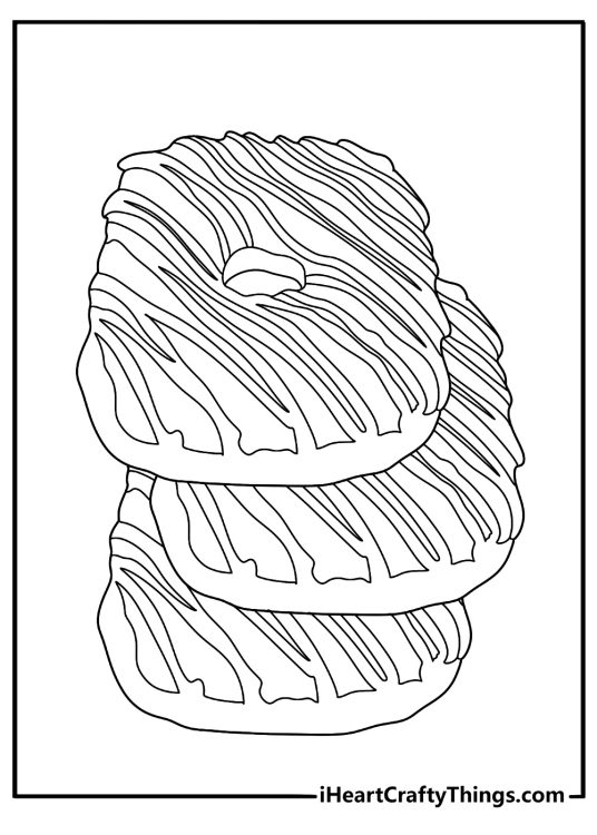 Donut coloring page free printable with a stack of square donuts drizzled with glaze