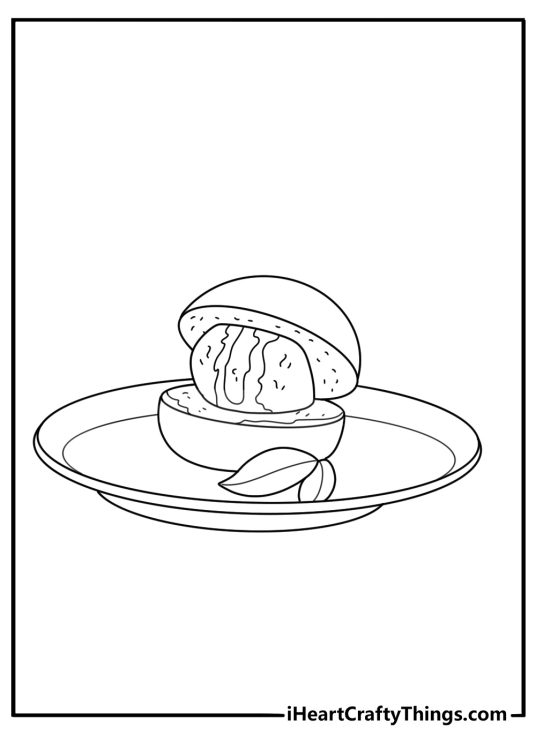 Donut coloring page pdf with a donut ice cream sandwich on a dessert plate
