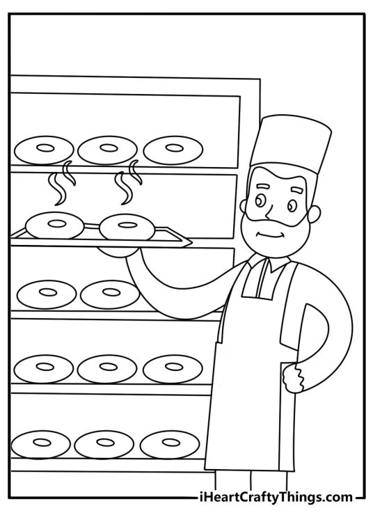 Donut coloring page with a baker placing fresh donuts on a cooling rack