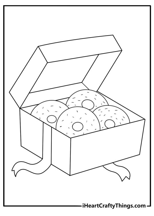 Donut coloring pages printable with a box of mini donuts tied with a ribbon