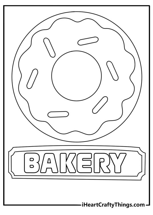 Donut cross coloring pages with crossed donuts behind a bakery badge