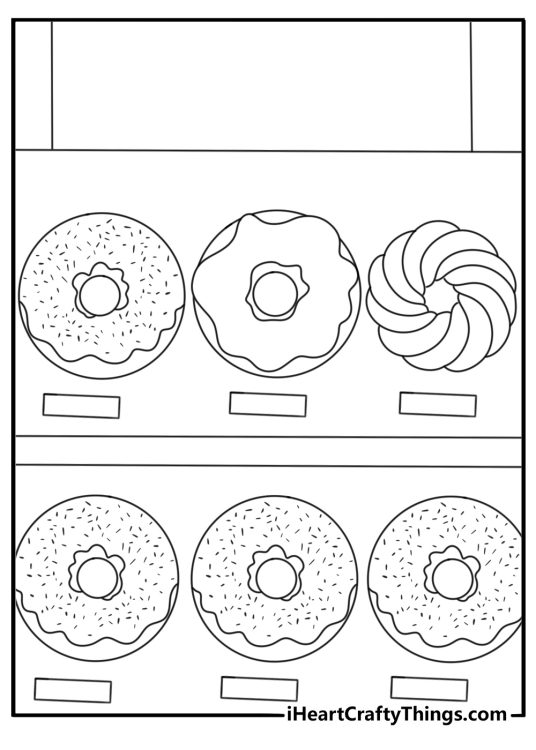 Donut shop coloring page with a display case full of ring donuts and twisted crullers