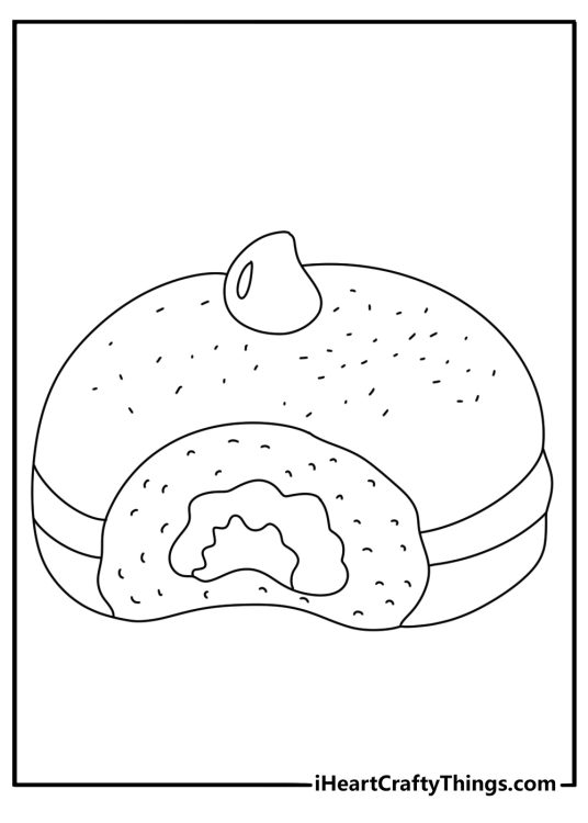 Doughnut coloring pages free with a jelly donut cut open to show the filling
