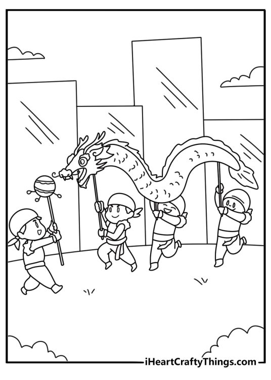 Dragon dance with lanterns festive February coloring page for kids pdf