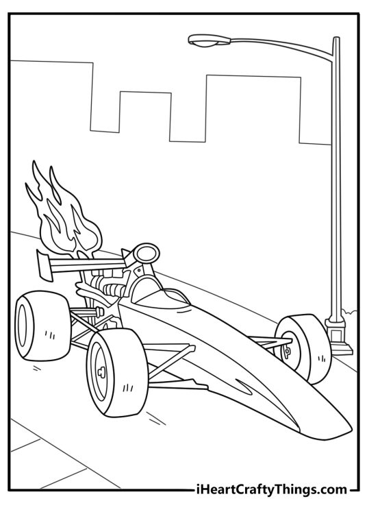 Dragster at the strip next to start lights simple coloring page to download and print