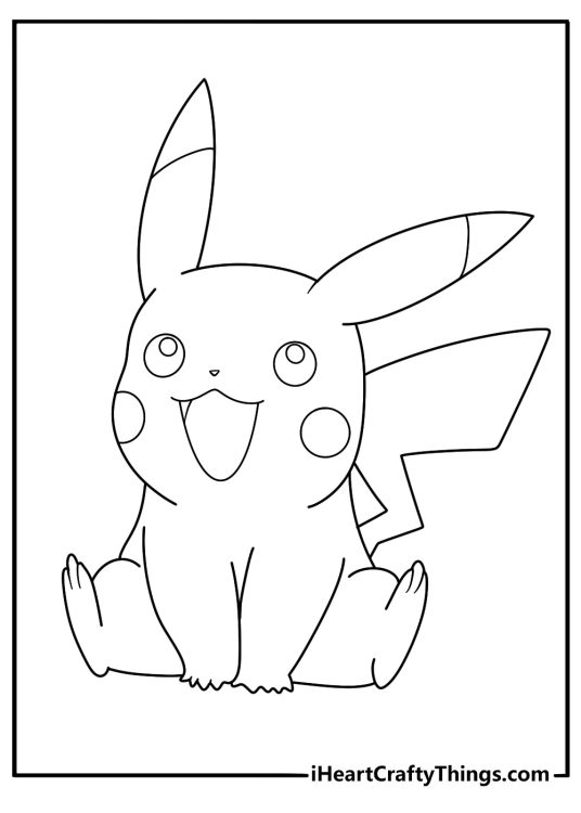 Drawing for children featuring excited Pikachu sitting with his front paws on the ground