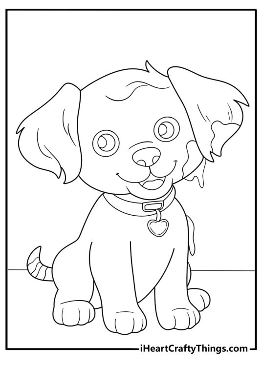 Drawing of a puppy with a pattern on the end of the tail and floppy ears looking like they have been dipped in paint