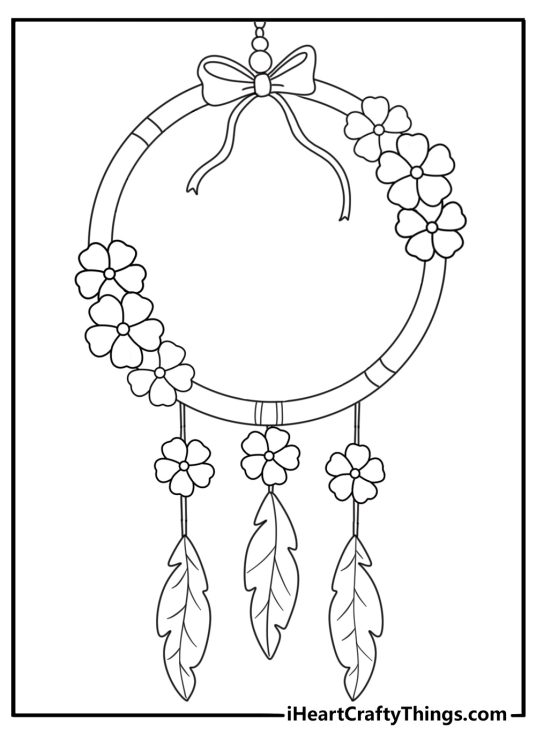 Dream catcher with floral wreath and lace ribbons easy coloring page pdf