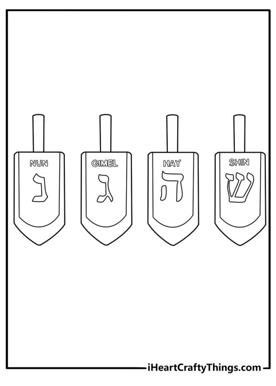 Dreidel with Hebrew letters nun gimel hei shin and chocolate gelt printable coloring sheet for kids