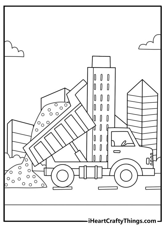 Dump truck unloading gravel on road simple coloring sheet pdf