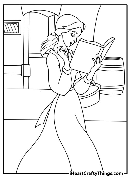 Easy Belle coloring page with Belle picking a book from a village shop