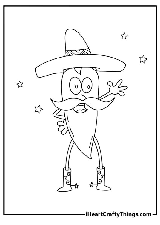 Easy Mexican coloring page with a jalapeno pepper wearing boots and a mustache
