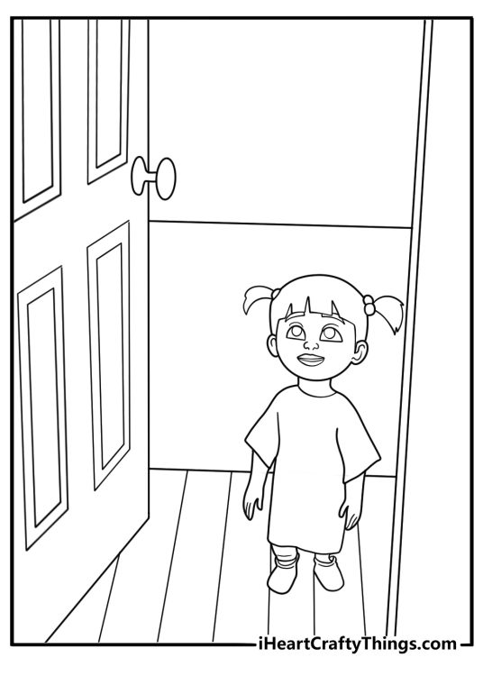 Easy Monsters Inc coloring page showing Boo opening a closet door