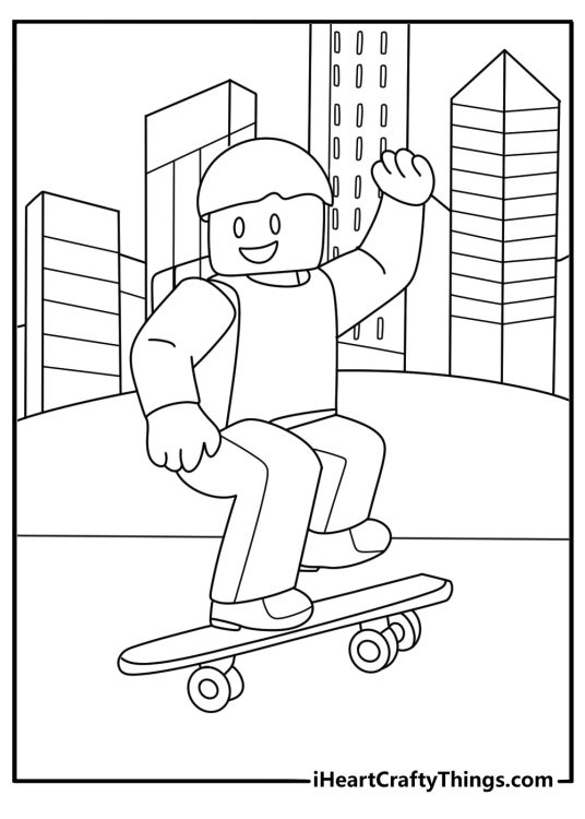 Easy Roblox coloring page with avatar skateboarding in city