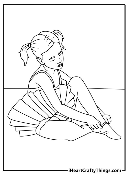 Easy ballerina coloring page with a dancer wearing a tutu and ballet shoes