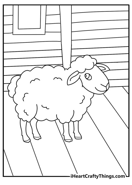 Easy coloring page of a sheep standing by a farmhouse porch