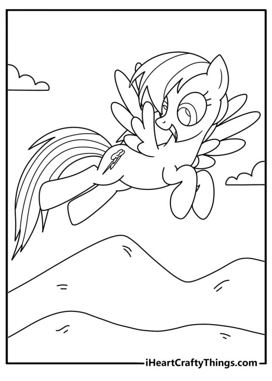 Easy coloring sheet of Rainbow Dash flying over rolling hills
