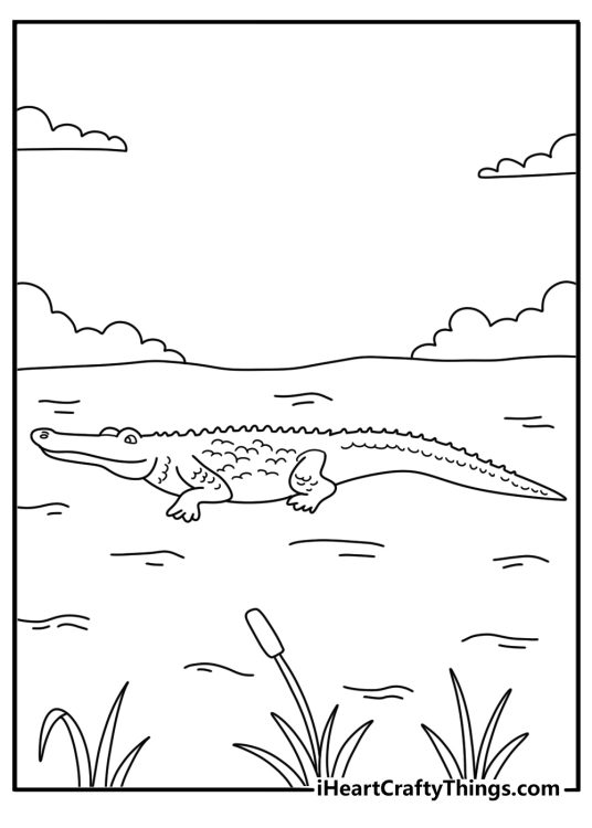 Easy crocodile coloring pages with a simple side view of a young reptile