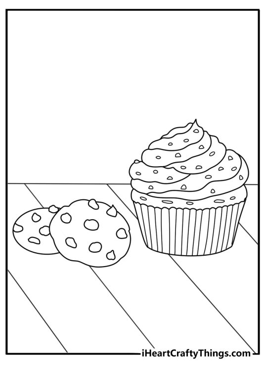 Easy cupcake coloring page with a mini cupcake next to a cookie