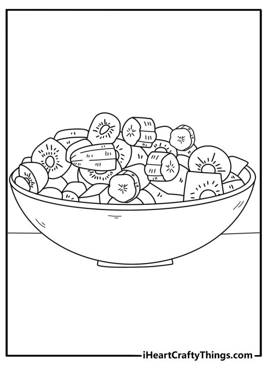 Easy dessert coloring page featuring bowl of fruit salad with sliced banana and kiwi