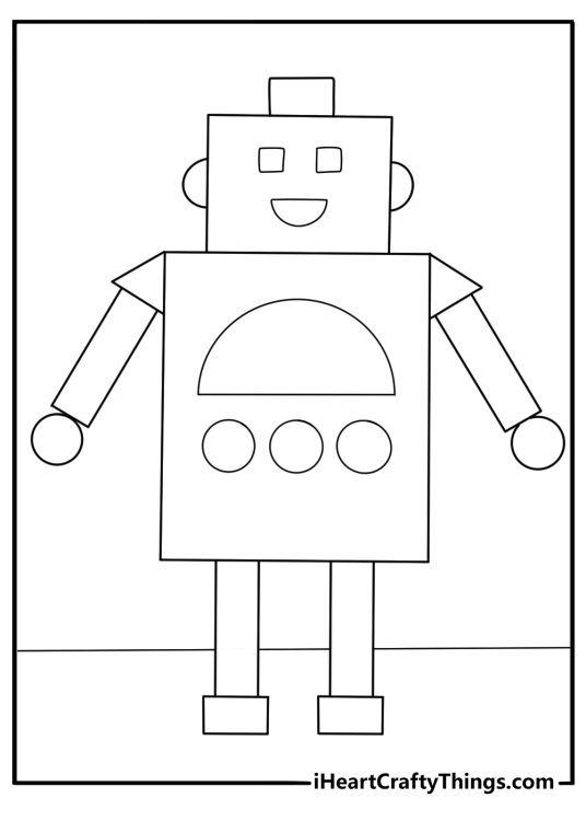Easy geometric robot coloring page with triangles circles and squares