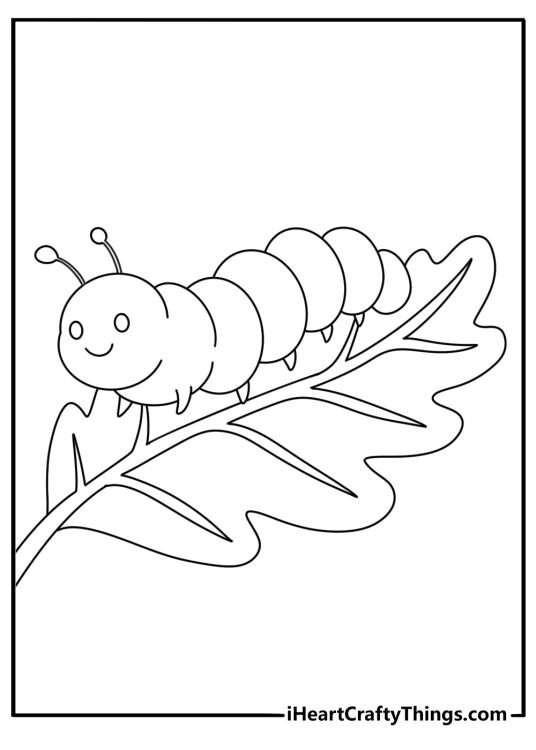 Easy leaf coloring page with a tiny caterpillar on a leaf edge