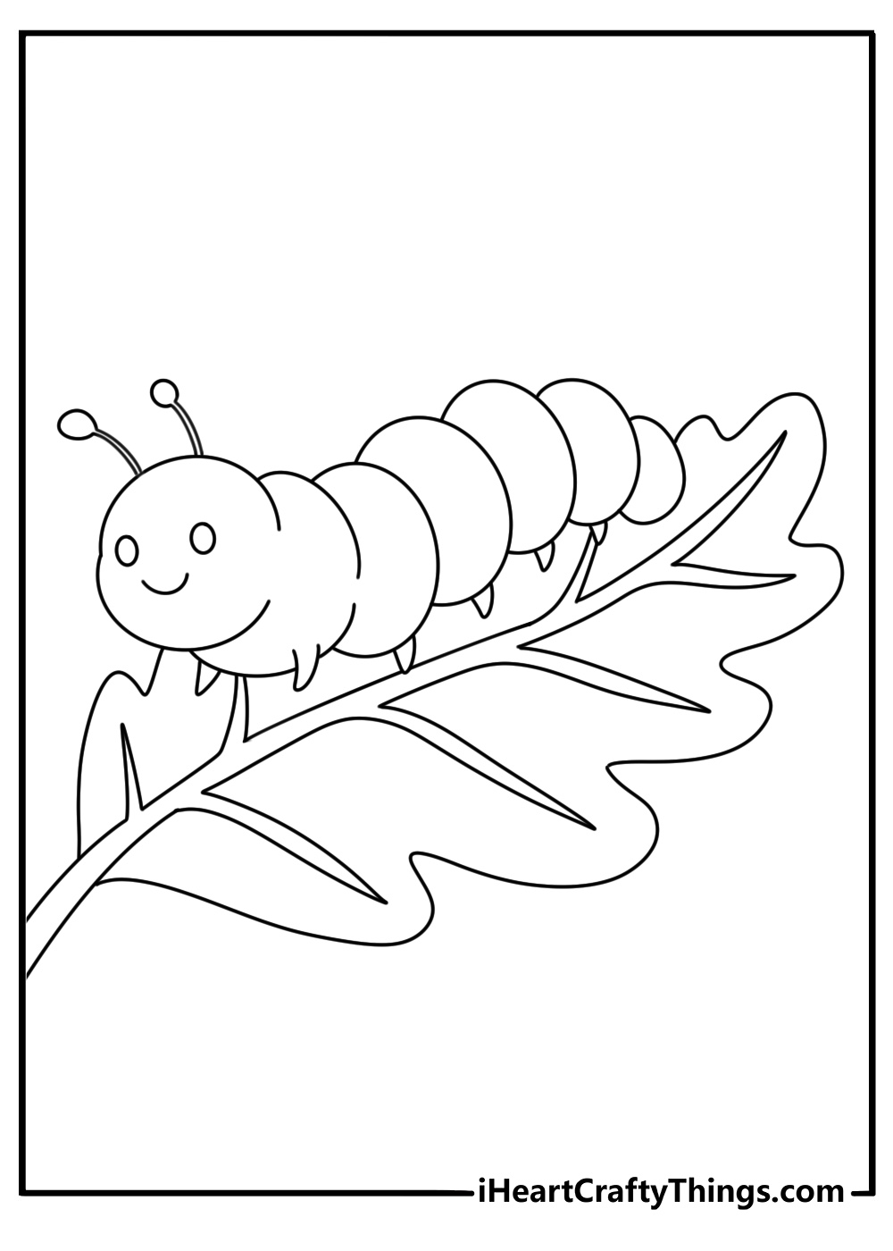 Easy leaf coloring page with a tiny caterpillar on a leaf edge